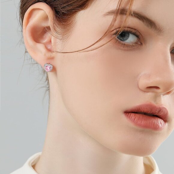 Pink Sterling Silver Heart Cubic Zirconia Stud Earrings for Women - Picture 4 of 7